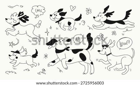 Hand drawn of playful dogs.Set of flat doodle cartoon vector illustration.