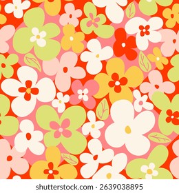 Hand drawn playful floral pattern, bold stylized seamless design for fabric, digital paper