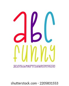 Hand drawn playful font, alphabet in the cartoon style, rounded thin letters and numbers in doodle style, vector illustration 10EPS
