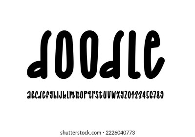 Hand drawn playful font, alphabet in the doodle style, rounded ultra thick black letters and numbers, vector illustration 10EPS