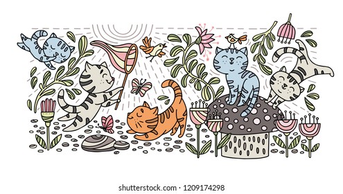 Hand drawn playful kittens with birds, butterfly, flowers. Greeting card with cute kitties. Vector illustration.