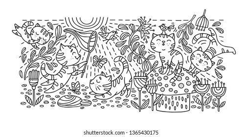Hand drawn playful kittens with birds, butterfly, flowers. Greeting card with cute kitties. Vector illustration.