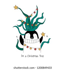 Hand drawn playful penguin dressed as a Christmas tree