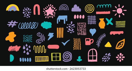 Hand drawn playful shapes element bundle. Abstract art forms in freehand style. Modern aesthetic graphic element.