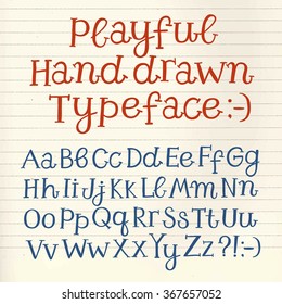 Hand drawn playful vector font on paper background. Doodle childish style typeface for your design.

