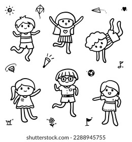 Hand drawn playing kids theme. Thin black line abstract doodle a happy children in vector illustration