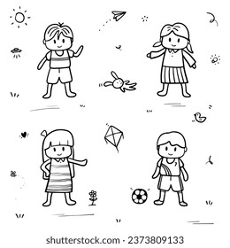 Dibujó mano jugando a los niños. Delgado doodle abstracto de línea negra a niños felices en ilustración vectorial