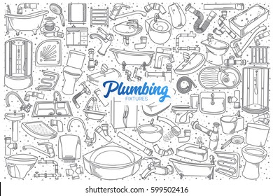 Hand drawn plumbing fixtures doodle set background with blue lettering in vector