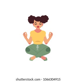 Hand drawn plump obese girl with pigtails meditate in lotus posture in sport clothing. Cartoon style cute female character. Vector adult brunette overweight woman having fun, isolated illustration