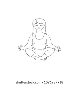 Hand drawn plump obese girl meditate in lotus posture in sport clothing. Sketch style cute female character. Vector adult blonde overweight woman having fun, isolated monochrome illustration