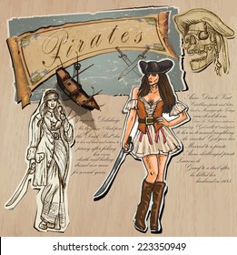 An hand drawn (plus mixed media) vector pack. Topic: PIRATES - Women. Description: Vector is editable in several layers and group of objects.