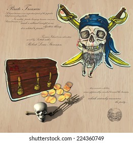 An hand drawn (plus mixed media) vector pack. Topic: PIRATES - Buried Treasures. Description: Vector is editable in several layers and group of objects.