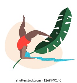 Hand drawn plus-size woman with a hair-like-a-river stands on her hands near green plant huge banana palm leaf in minimalist style. Naive art. Body positive. Red swimsuit.