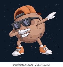 Hand drawn Pluto planet character wearing brown cap, sunglasses doing dab dance move, dabbing Pluto