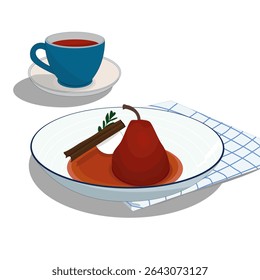 Hand drawn poached pear isolated on a white background, vector of poached pears on a white plate and a cup of red wine collection.