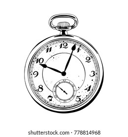 Hand drawn pocket watch black and white illustration.
Easy editable arrows. Vector design element.
