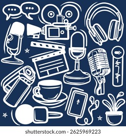 Hand drawn podcast doodle set, Podcast hand drawn doodles , Doodle Hand Drawn Podcast Online Media Record Vector, Set of Podcast doodle in circle shape