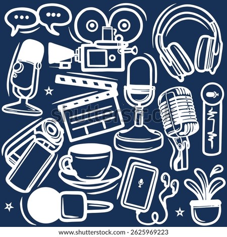 Hand drawn podcast doodle set, Podcast hand drawn doodles , Doodle Hand Drawn Podcast Online Media Record Vector, Set of Podcast doodle in circle shape