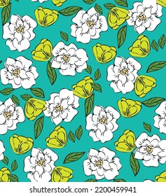 Hand Drawn Poeny Flowers Vector Seamless Pattern Trendy Fashion Colors Perfect for Allover Fabric Print or Wrapping Paper Tiffany Blue Neon Yellow Tones