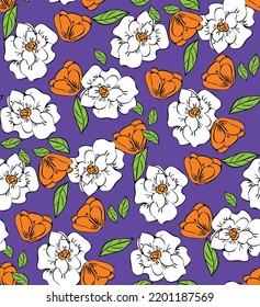 Hand Drawn Poeny Flowers Vector Seamless Pattern Trendy Fashion Colors Perfect for Allover Fabric Print or Wrapping Paper Electric Purple Orange Tones