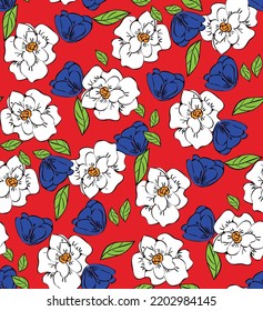 Hand Drawn Poeny Flowers Vector Seamless Pattern Trendy Fashion Colors Perfect for Allover Fabric Print or Wrapping Paper Red Blue Tones