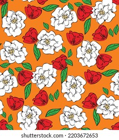 Hand Drawn Poeny Flowers Vector Seamless Pattern Trendy Fashion Colors Perfect for Allover Fabric Print or Wrapping Paper Orange Red Tones