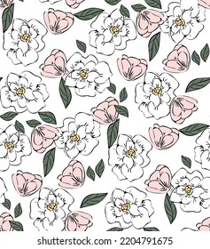Flores de Poesía Dibujadas a Mano Vector Patrón sin inconvenientes Colores de moda de moda Perfecto para la impresión de tela de Allover o el envolvimiento de papel Tones de color rosa pastel blanco