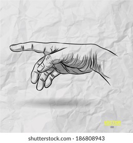 hand drawn of Hand with pointing finger on crumpled paper background 