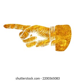 Hand drawn pointing index finger in retro sketch in gold foil texture vector illustration