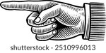 Hand drawn Hand Pointing Left. Index Finger Pointing Left. Left Hand Sign. Pointer Hand Gesture Sketch Illustration Engraving Woodcut Vintage Style Vector Line Art