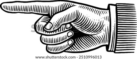 Hand drawn Hand Pointing Left. Index Finger Pointing Left. Left Hand Sign. Pointer Hand Gesture Sketch Illustration Engraving Woodcut Vintage Style Vector Line Art