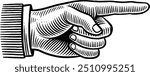 Hand drawn Hand Pointing Right. Index Finger Pointing Right. Right Hand Sign. Pointer Hand Gesture Sketch Illustration Engraving Woodcut Vintage Style Vector Line Art