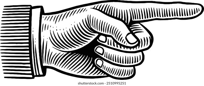 Hand drawn Hand Pointing Right. Index Finger Pointing Right. Right Hand Sign. Pointer Hand Gesture Sketch Illustration Engraving Woodcut Vintage Style Vector Line Art