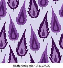 Hand drawn pointy leaf seamless pattern. Purple vector modern flame shaped foliage background. Monochrome botanical backdrop repeat design. Scattered upright leaves nature all over print for summer