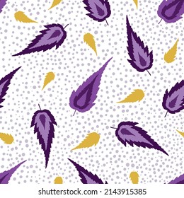 Hand drawn pointy leaf seamless pattern. Vector modern flame shaped foliage on dense polka dot background. Scattered leaves botanical backdrop repeat design. Nature all over print for packaging