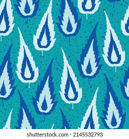 Hand drawn pointy leaf seamless pattern. Purple vector modern flame shaped foliage background. Monochrome aqua blue botanical backdrop repeat design. Scattered leaves nature all over print for summer