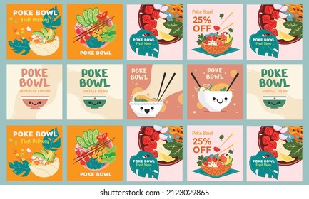 hand drawn poke bowl social media post vector illustration design