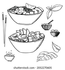 Hand drawn poke bowls (traditional Hawaiian food). Vector sketch  illustration.