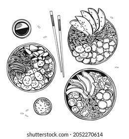 Hand drawn poke bowls (traditional Hawaiian food). Vector sketch  illustration.