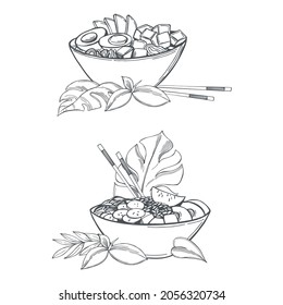 Hand drawn poke bowls (traditional Hawaiian food). Vector sketch  illustration. 