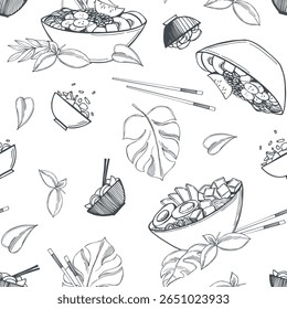 Tigelas de poke desenhadas à mão (comida havaiana tradicional). Padrão sem emenda do vetor. 