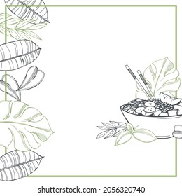 Hand drawn poke bowls with tropical leaves (traditional Hawaiian food).  Vector background.