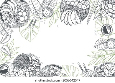 Hand drawn poke bowls with tropical leaves (traditional Hawaiian food).  Vector background.