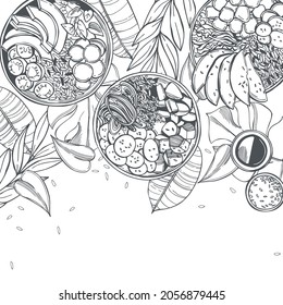 Hand drawn poke bowls with tropical leaves (traditional Hawaiian food).  Vector background.