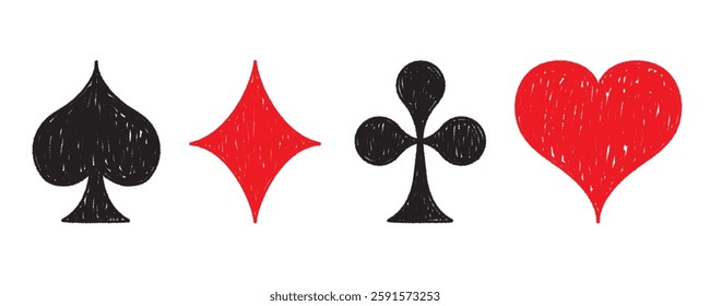 Hand drawn poker card suits. Hearts, clubs, spades and diamonds. Ink or charcoal poker symbols icons. Vector graphic elements.