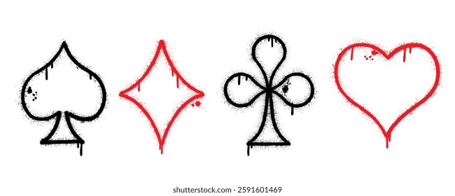 Hand drawn poker card suits in graffiti style with splash effects and drops in black and red on white background. Hearts, clubs, spades and diamonds. Vector Illustration.