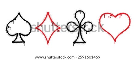 Hand drawn poker card suits in graffiti style with splash effects and drops in black and red on white background. Hearts, clubs, spades and diamonds. Vector Illustration.