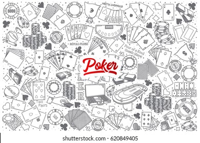 Hand drawn Poker doodle set background with red lettering in vector