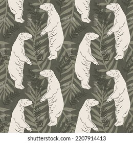 Hand Drawn polar bear and branches with leaves on organic background, Vector Seamless pattern For fabrics, clothing, decoration, home decor, cards and templates, wrapping paper, kids prints.