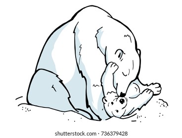 Hand drawn polar bear, cute bear set, mother and baby bears, couple of bears. Merry Christmas greetings with bears